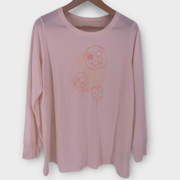 TORRID 1X Smiley Doodles Classic Fit Jersey Crew Neck Long Sleeve Embroidery Tee - Picture 1 of 7